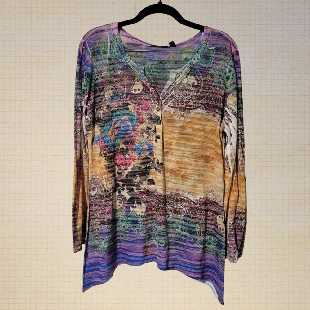 Y2K Paisley Bedazzled Cotton Blend Long Sleeve Top Size M Lightweight Stretchy 3